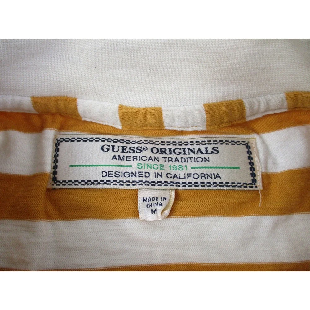 Guess Shirt Mens Medium Mustard Yellow Striped Originals Embroidered Logo Tee - Picture 5 of 10